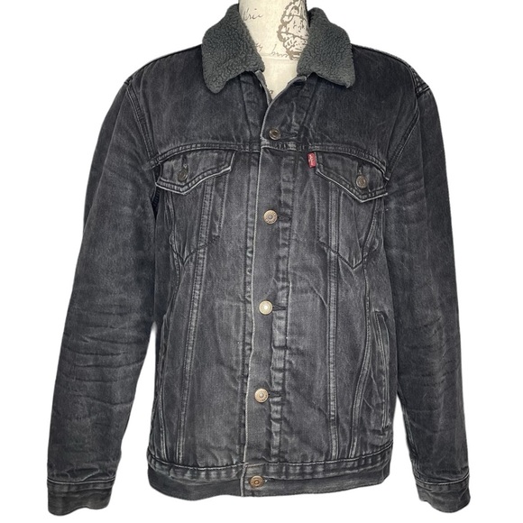 Levi’s trucker jean jacket black gray Sherpa lined denim coat women’s medium - Picture 1 of 3